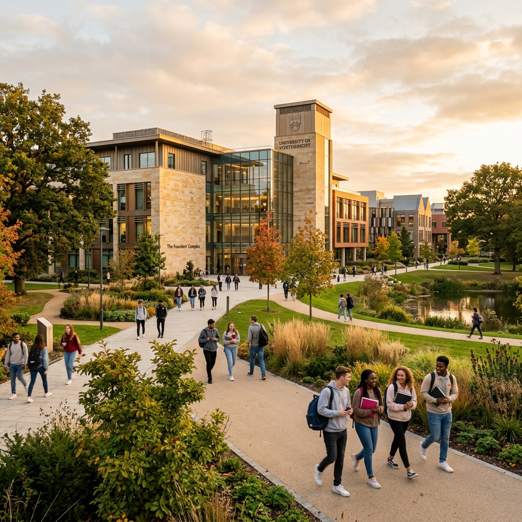 University campus building with students